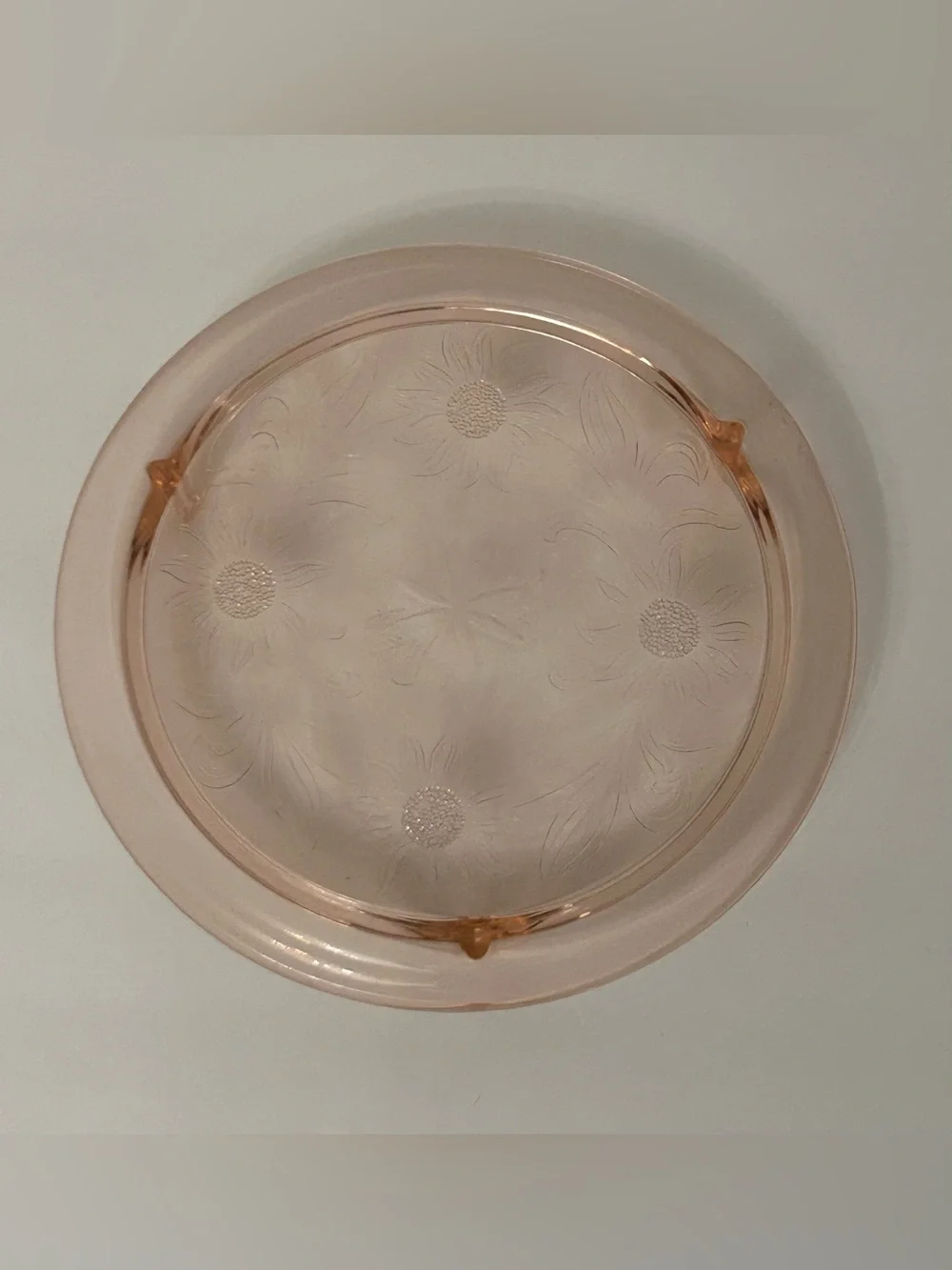 Vintage Pink Sunflower Floral Pressed Depression Glass Serving Plate Cake Stand‎